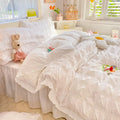 Axyaa Seersucker Ruffle Bedding Set - King/Queen Solid Color Princess Style Cotton Comforter Cover