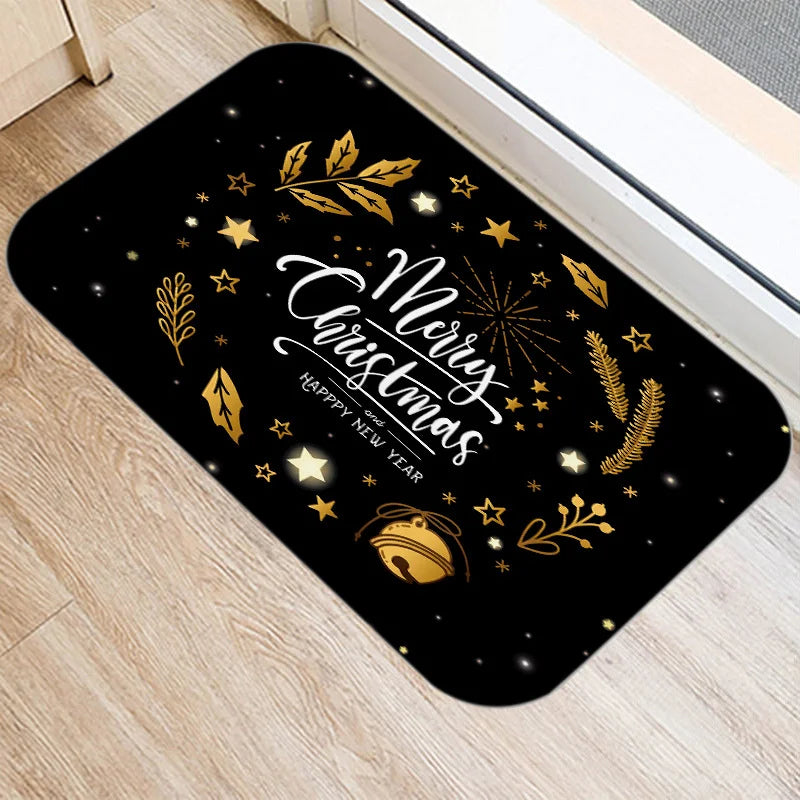 Axyaa Merry & Happy Year Door Mat: Golden Black Letter Print, Non-Slip Floor