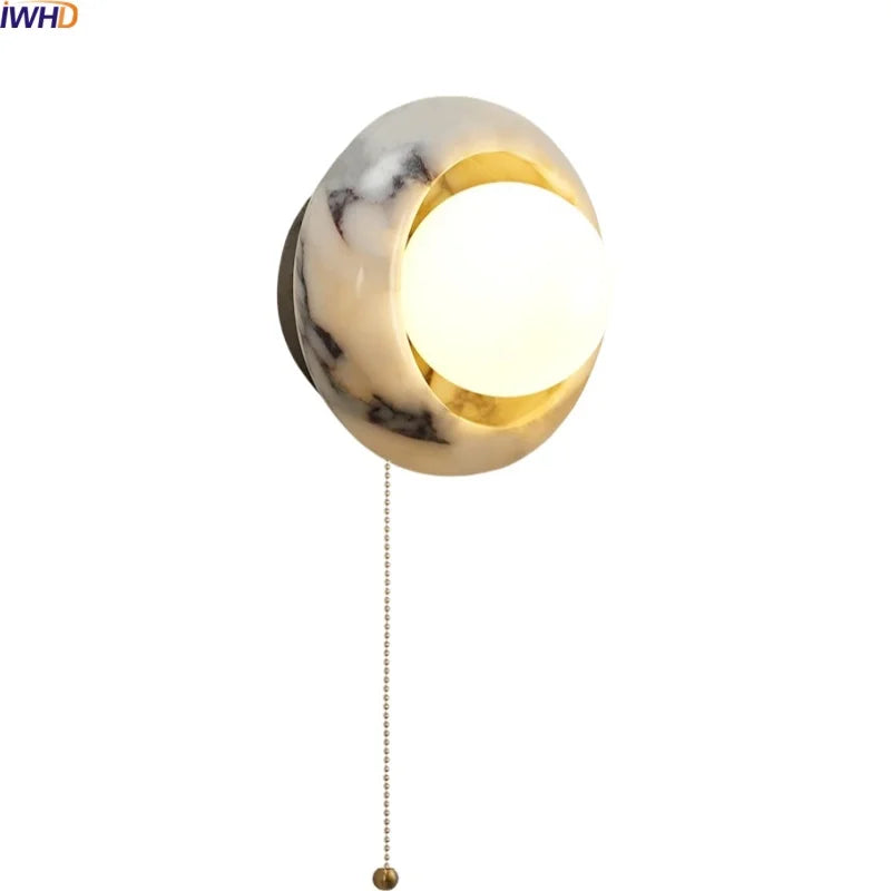 Axyaa Round Bulgari Stone LED Wall Lamp with Switch, White Glass Ball, Nordic Modern