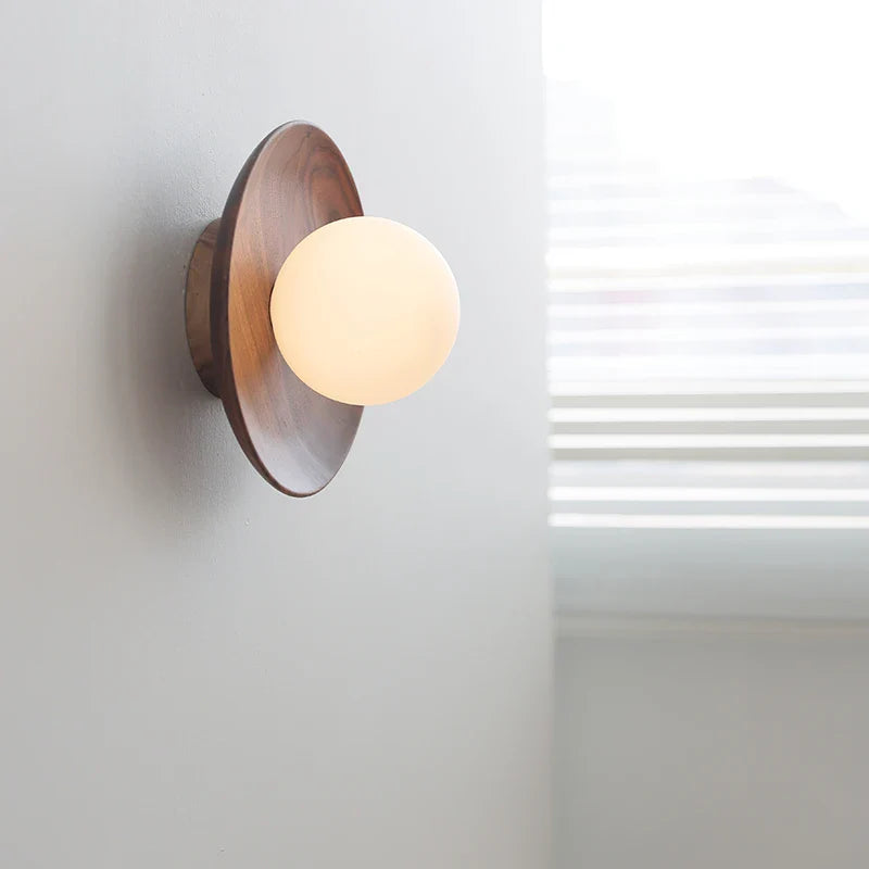 Axyaa White Glass Ball LED Wall Lamps With Switch - Modern Wooden Stair Light Fixtures.