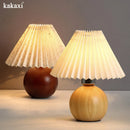 Axyaa Vintage Wooden Table Lamp Nordic Pleated Bedroom Bedside Desk Reading Light