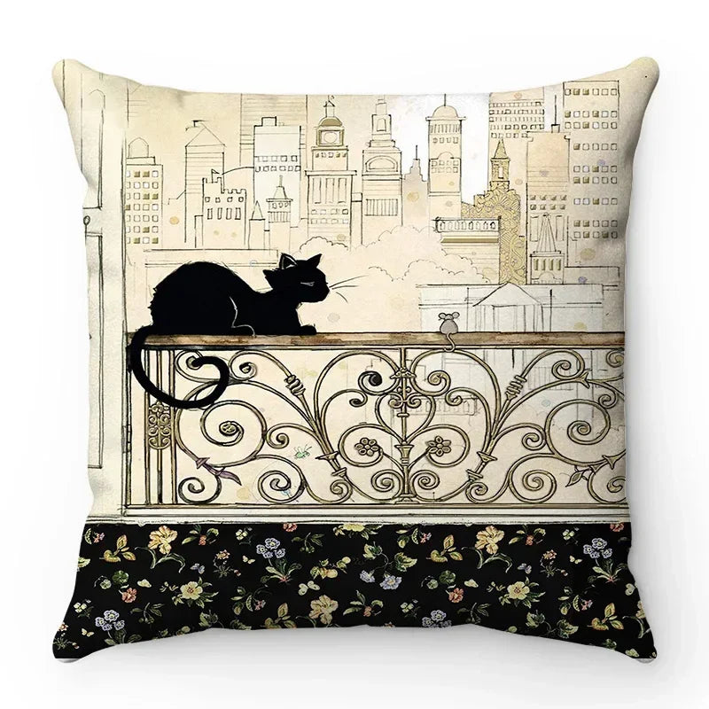 Axyaa Retro Black Cat Cartoon Anime Decorative Pillowcase for Sofa, Car, Bedroom