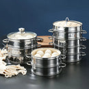 Axyaa Stainless Steel Bamboo Steamer Set - Round Drawer, Handle, Grid, Bamboo Lid