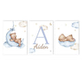 Axyaa Bear Blue Moon Nursery Custom Name Canvas Wall Art - Kids Room Decor