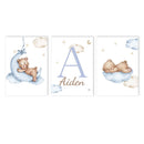Axyaa Bear Blue Moon Nursery Custom Name Canvas Wall Art - Kids Room Decor