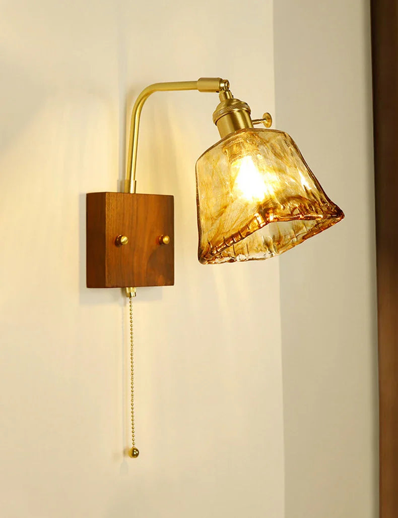 Axyaa Retro Wooden Brass Glass Wall Lamp with Pull Switch