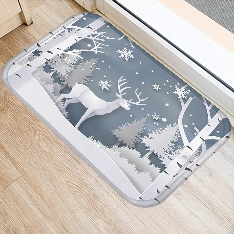 Axyaa Christmas Snow Deer Print Door Mat Non-Slip Floor Carpet - Home New Year Decoration