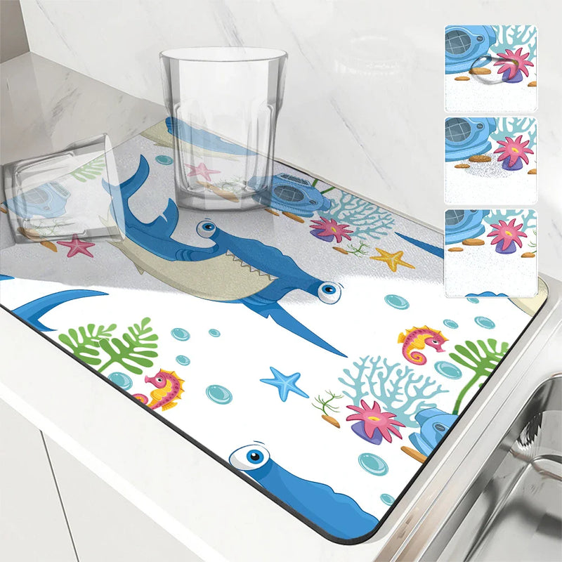 Axyaa Absorbent Kitchen & Bathroom Draining Mat - Quick Dry, Anti-Slip Octopus & Shark Dish Mats