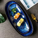 Axyaa Blue Fish Plate: Japanese Style Oval Dinner Sushi Serving Platter Large Glaze Color