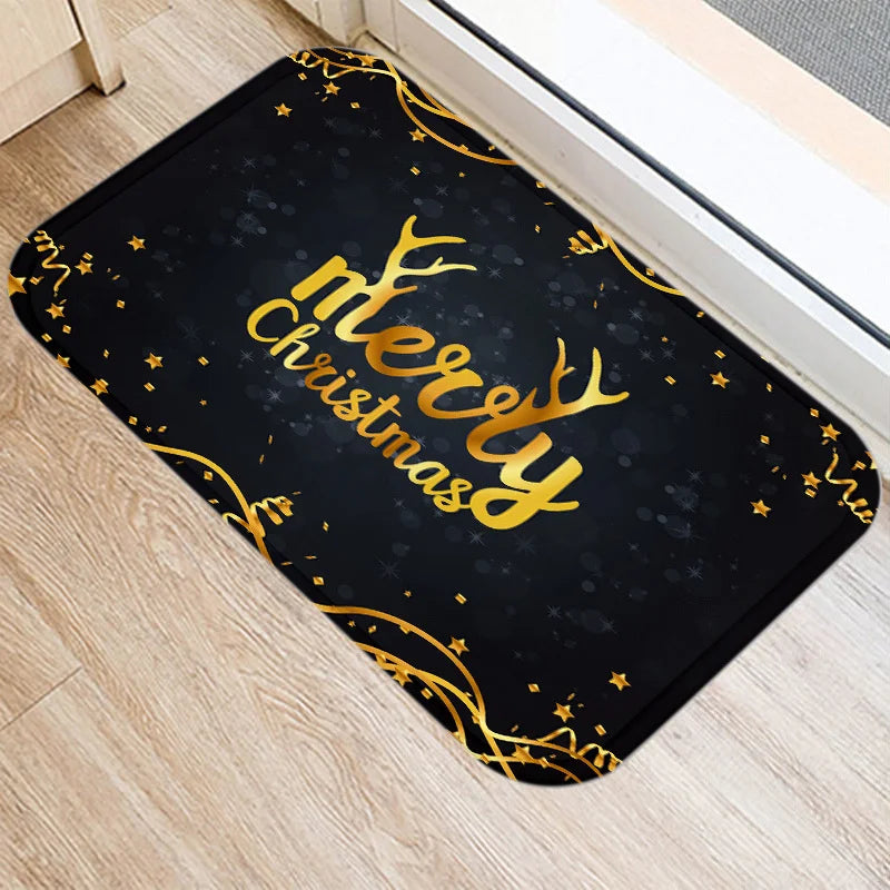 Axyaa Merry & Happy Year Door Mat: Golden Black Letter Print, Non-Slip Floor