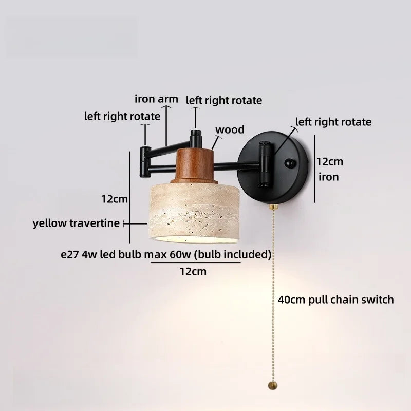 Axyaa Wabi Sabi LED Wall Lamp Sconce Black Iron Arm Yellow Travertine Stair Light