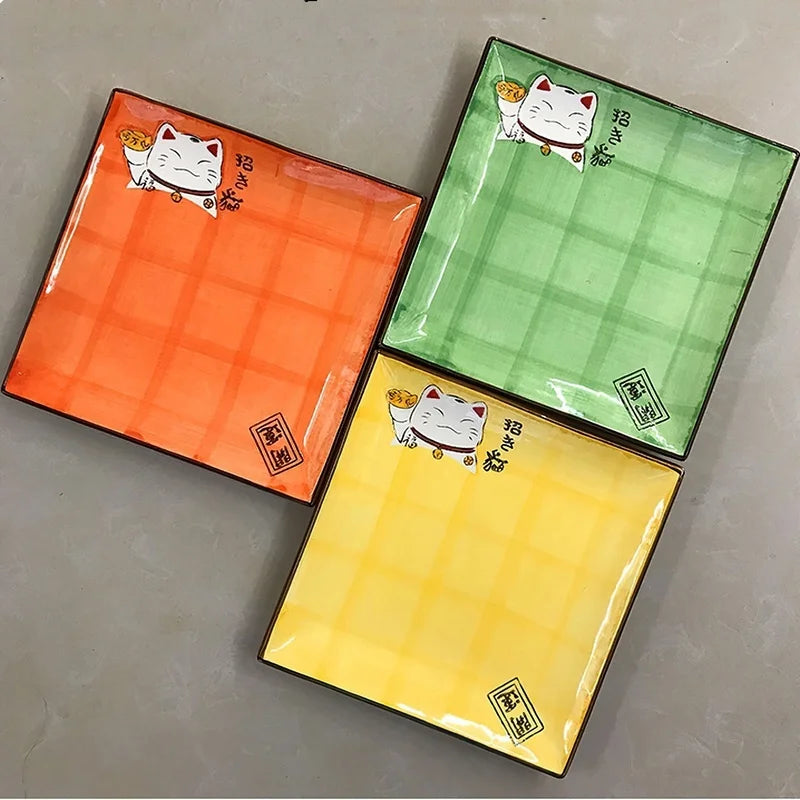 Axya Beckoning Cat Square Porcelain Plate: Japanese Multi-color Ceramic Tableware