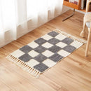 Axyaa Nordic Cotton Linen Tassel Rug - Handmade Checkerboard Tufted Mat for Living Room