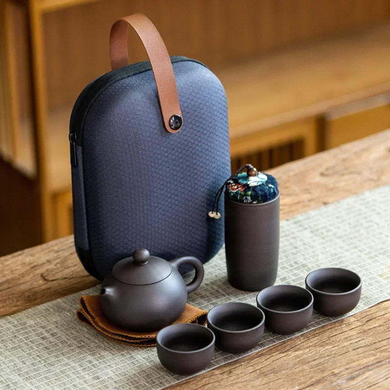 Axya Portable Purple Sand Tea Set: Pot, 4 Cups, Crack Cup, Kung Fu Style