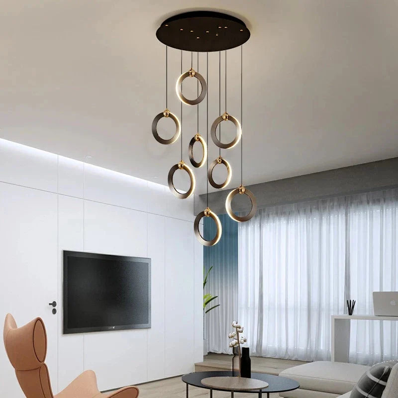 Axyaa Crystal LED Chandelier for Staircase - Minimalist Aluminum Rings, Luxury Round Hanging Lamps