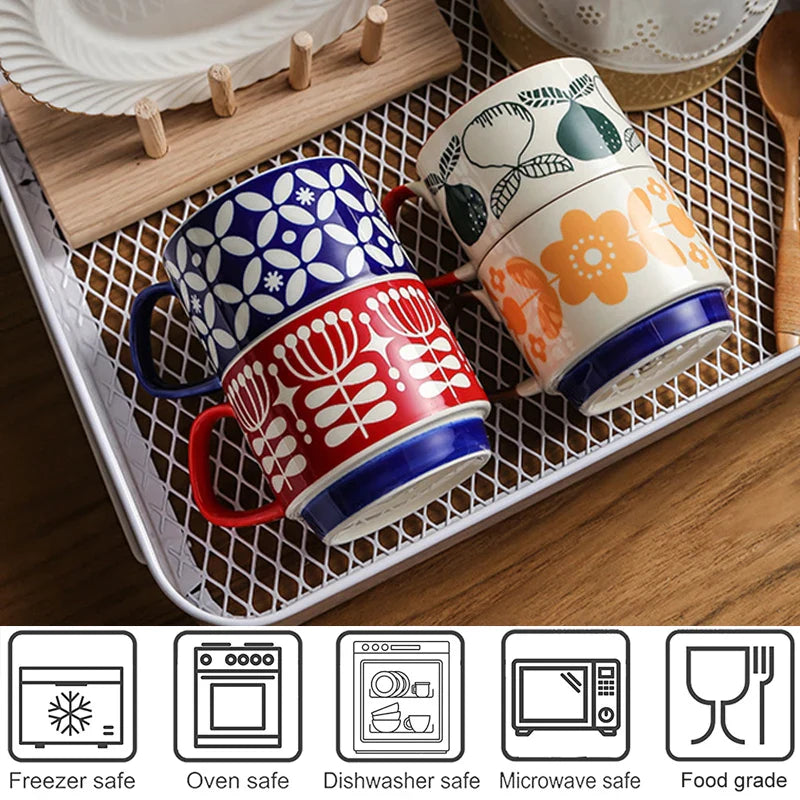 Axya Retro Japanese Flower Ceramic Coffee Mug Set 300ml