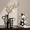 Axyaa Geometric Check Pattern Ceramic Vase with Handle for Home Decoration