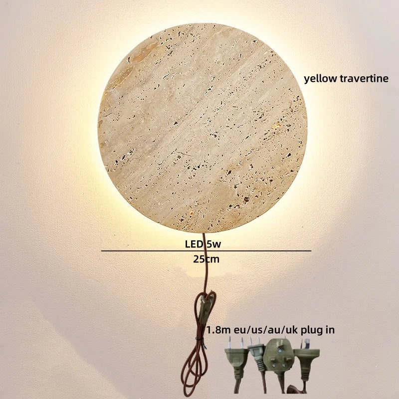 Axyaa Wabi Sabi LED Wall Lamp Sconce Black Iron Arm Yellow Travertine Stair Light