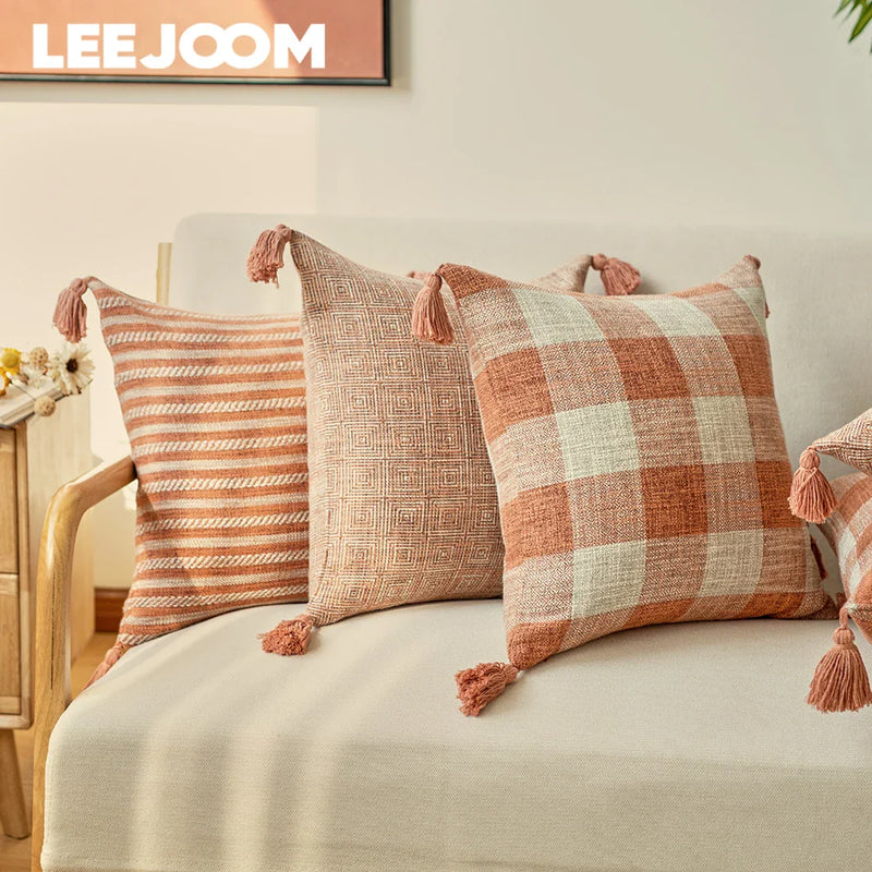 Orange Linen Tassels Cushion Cover by Axyaa: Decorative Pillow for Living Room, Bed, Sofa