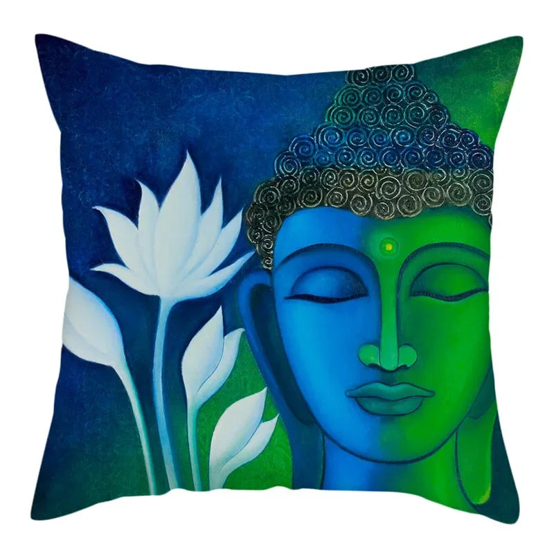 Axyaa Buddha Statue Polyester Cushion Cover for Home Sofa Decor