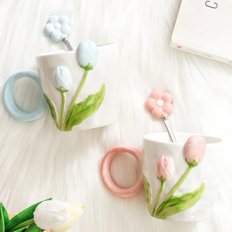 Axyaa Tulip Flower Ceramic Mug: 3D Design, Creative Relief, Ins Style, Coffee Cup