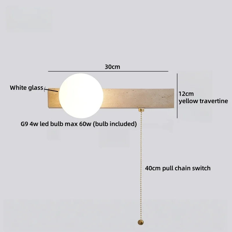 Axyaa White Glass LED Wall Sconce Lamp Yellow Travertine Stone Mirror Light