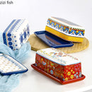 Axyaa Ceramic Butter Plate with Lid, Hand-painted Square Dim Sum & Cheese Plate
