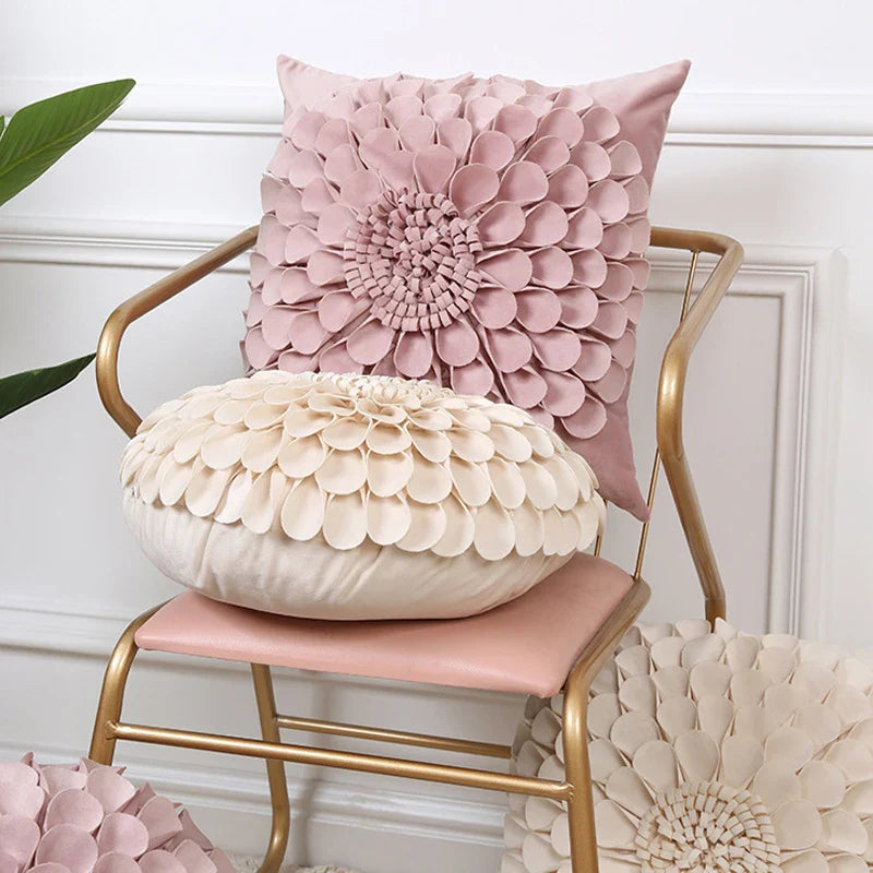 Axyaa Velvet Flower Cushion Cover in Yellow Blue White Pink, Handmade Luxury Pillowcase