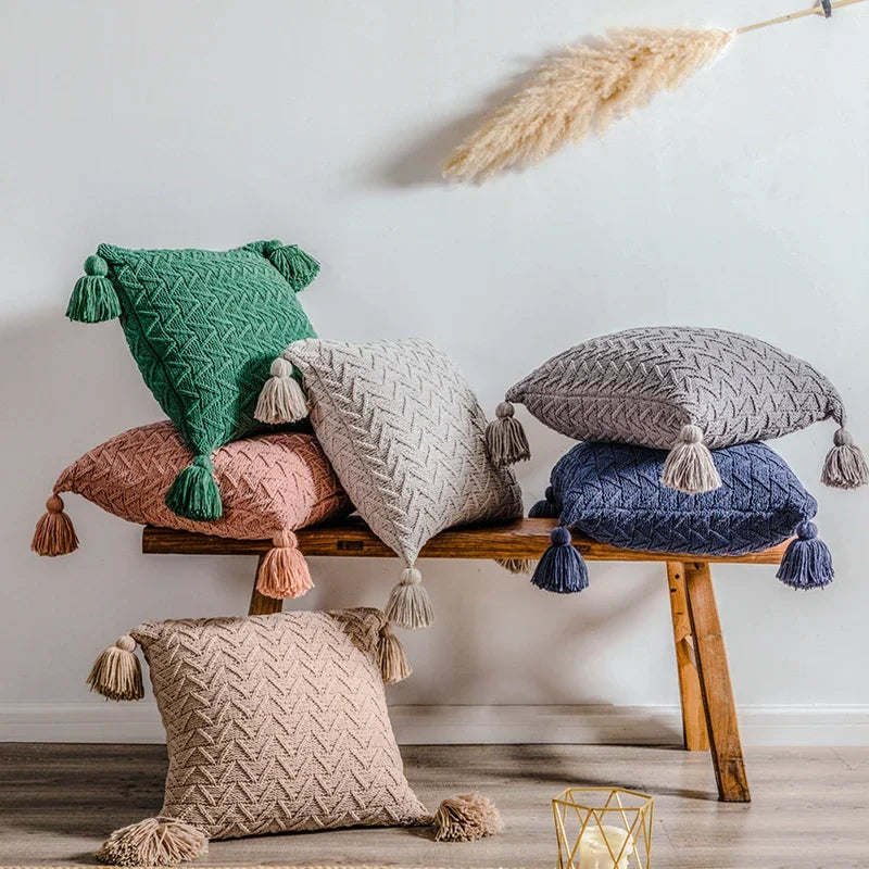 Axyaa Soft Knit Cushion Cover 45x45cm Solid Pillow Case with Tassels