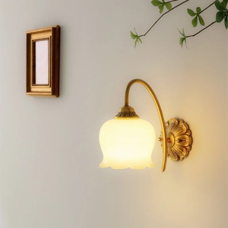 Axyaa Nordic LED Wall Lamps Interior Living Room Decor Antique Brass Resin Flower Design