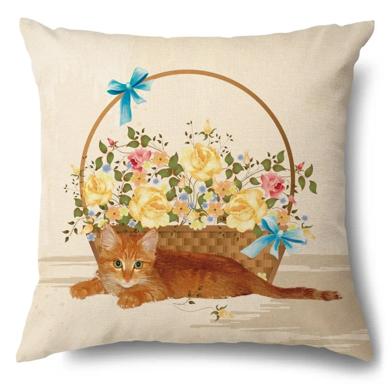 Axyaa Cartoon Kitty Cat Linen Pillowcase for Bed, Couch, and Sofa Décor