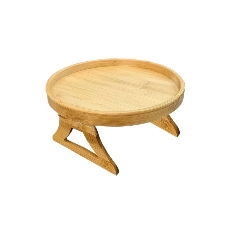Axyaa Wooden Sofa Armrest Table: Foldable Round Snack Tray for Living Room