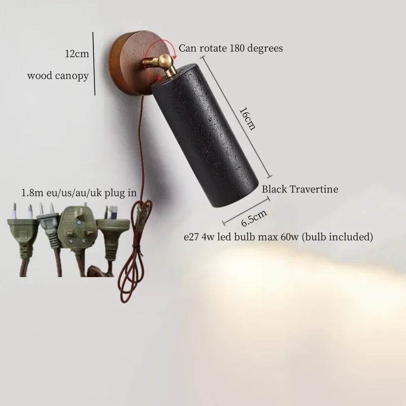 Axyaa Black Travertine LED Wall Lights - Mid Century Modern Living Room Stair Fixtures
