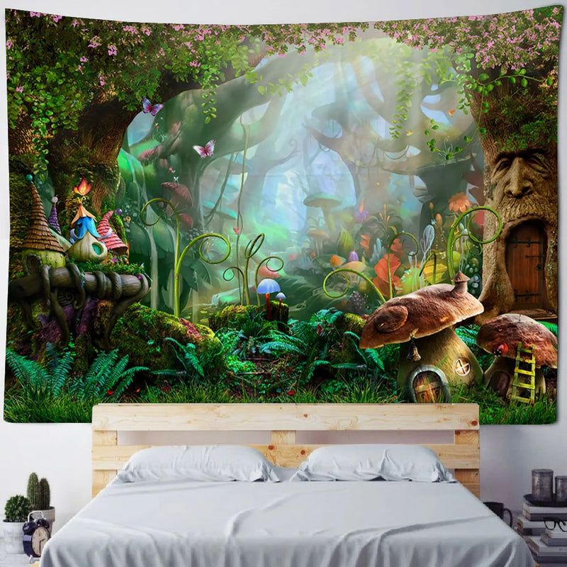 Axyaa Fairy Tale Fantasy Mushroom Tapestry - Boho Kids Room Art Decor