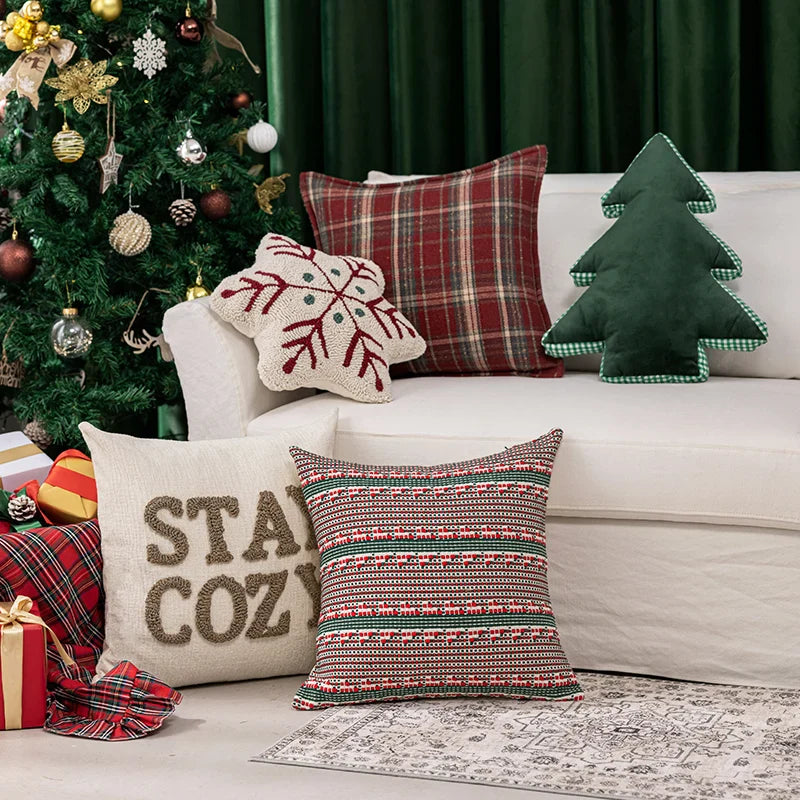 Axyaa Christmas Snowflakes Red Checked Tree Pillow Cover Home Decoration