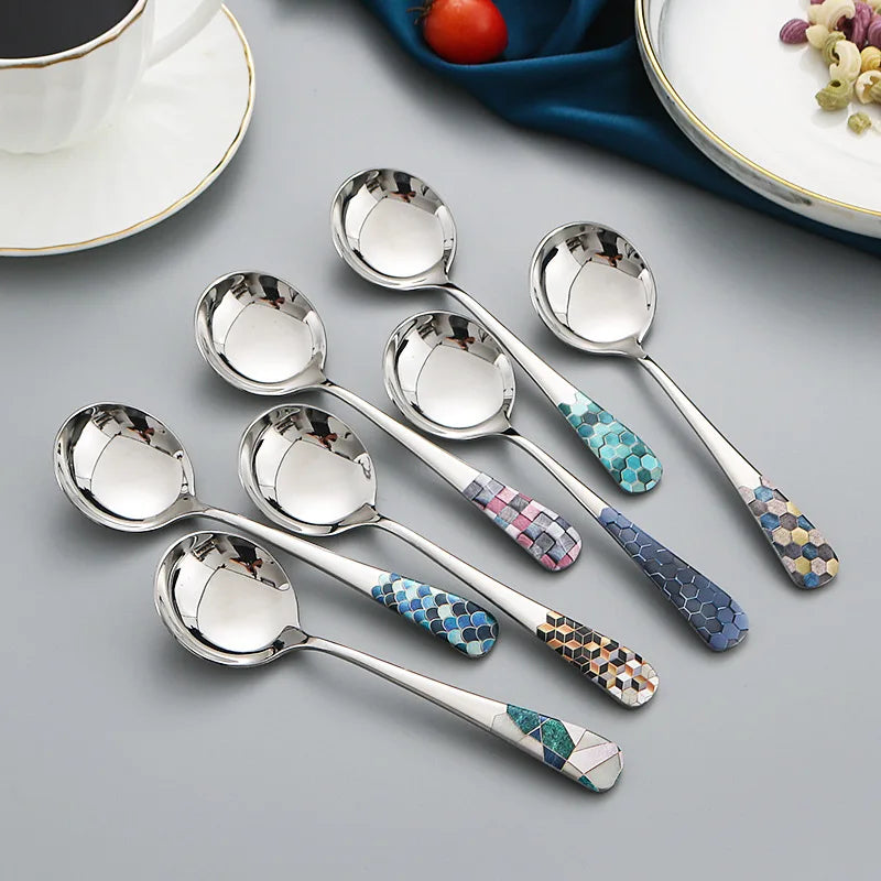 Axya Stainless Steel Colorful Korean Soup & Rice Spoon Set, Large Round Design
