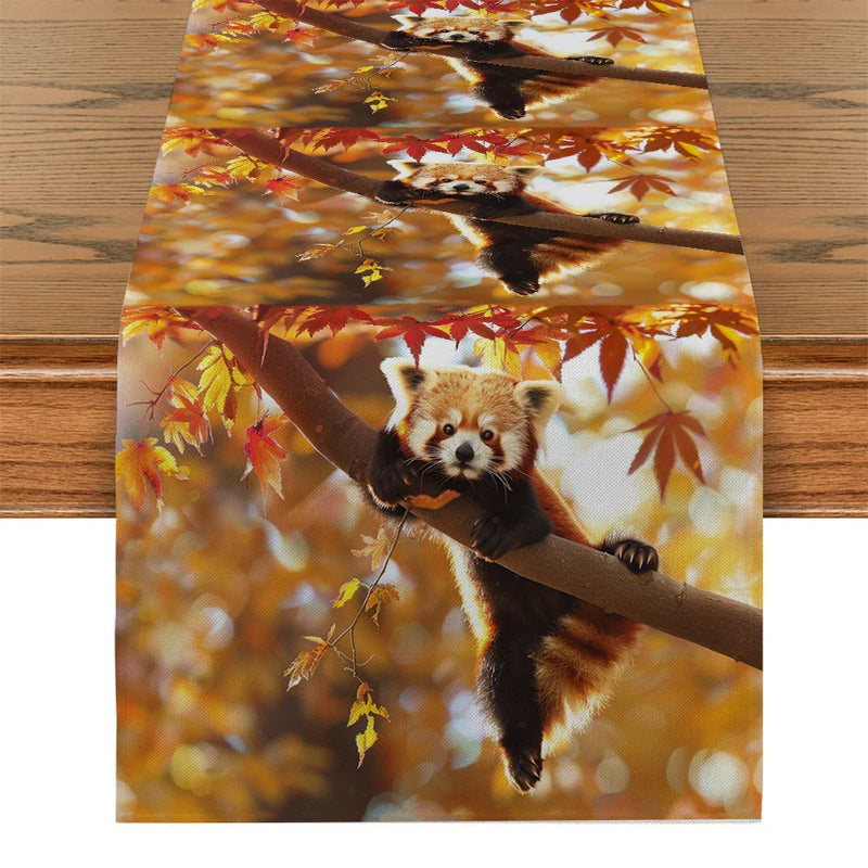 Autumn Red Panda Maple Leaf Table Runner by Axyaa: Festive Dining Decor