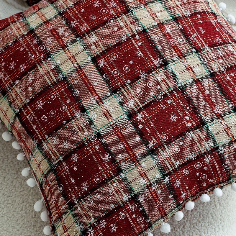 Axyaa Double-Sided Plaid Christmas Cushion Cover with Balls, 45x45 Snow Throw Pillow