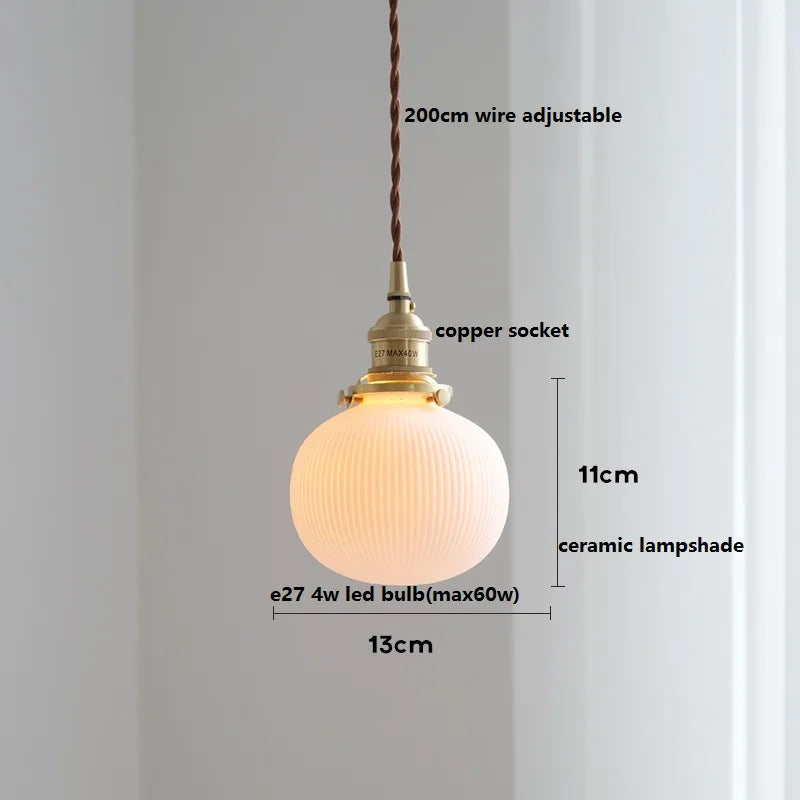 Axyaa White Ceramic LED Pendant Light with Wood Handle - Bedroom Living Room Lamp