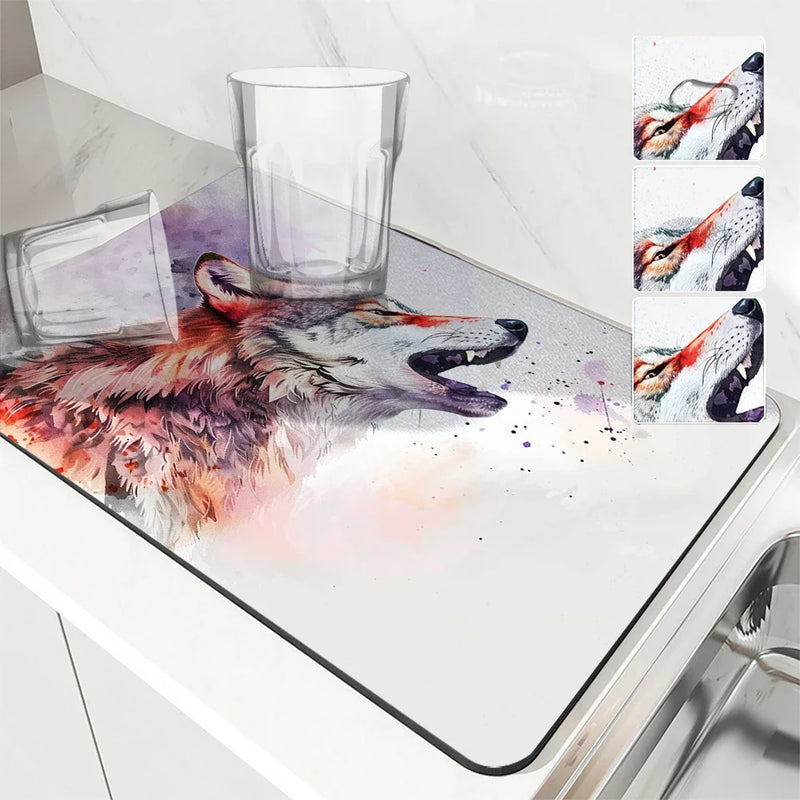 Axyaa Wolf Kitchen Drying Mat: Absorbent Placemat for Cup Drying & Table Decoration