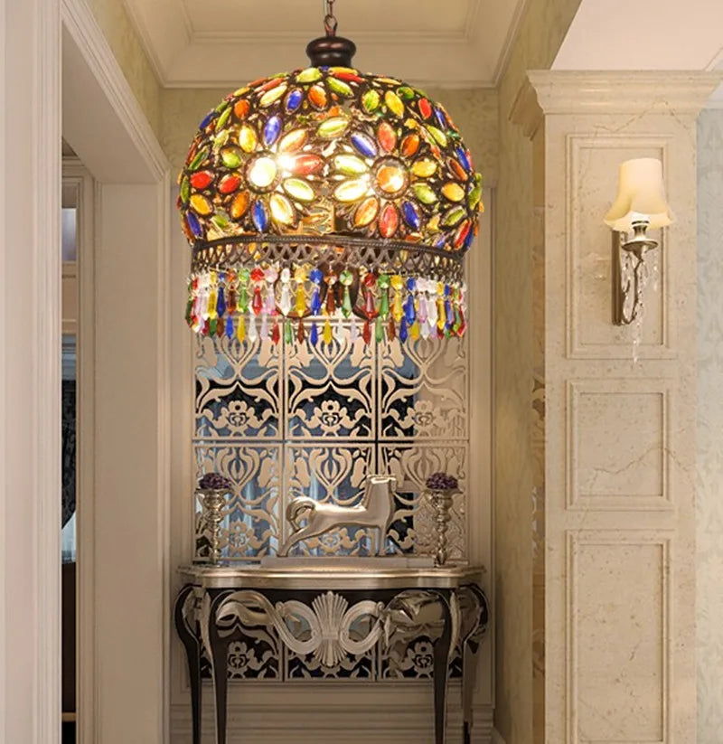 Axyaa Crystal Chandelier: Bohemian Stained Glass Hanging Lamp for Home Bar