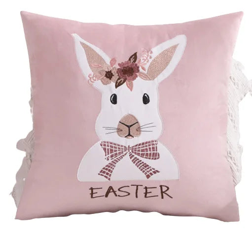 Axyaa Pink Floral White Floral Bunny Embroidered Cushion Cover