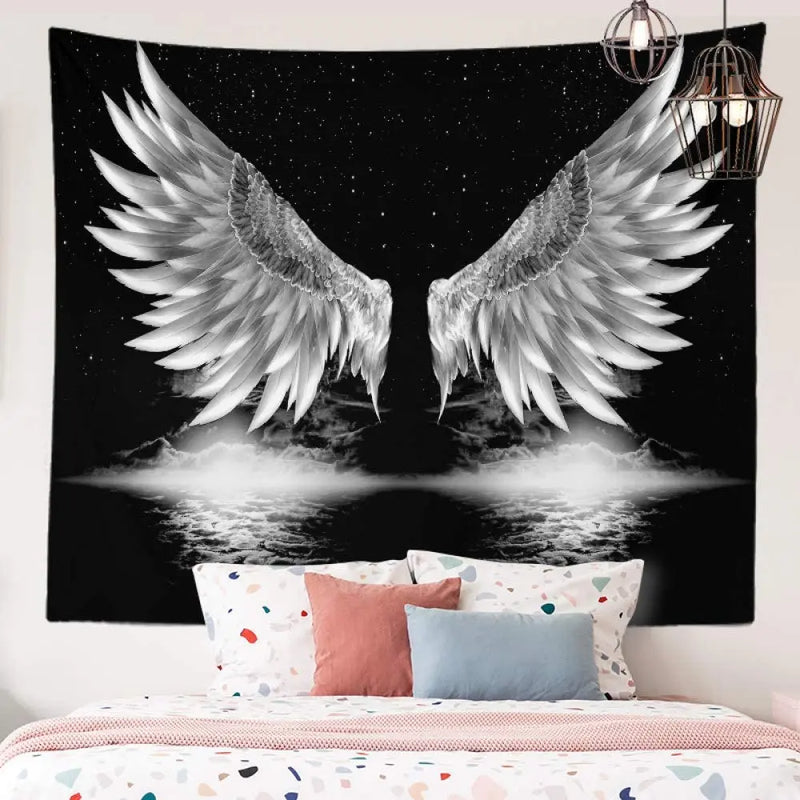 Axyaa Angel Wings Tapestry: Black & White Boho Trippy Hippie Wall Hanging