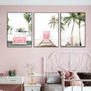 Pink Surfboard Wall Poster Beach Canvas Painting Coconut Tree Art Prints by Axyaa