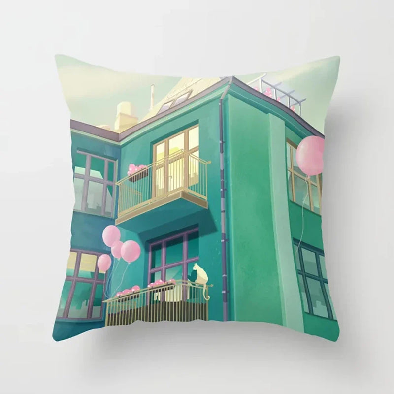 Pink Anime City Print Polyester Pillowcase 45x45cm for Bedroom Living Room by Axyaa.