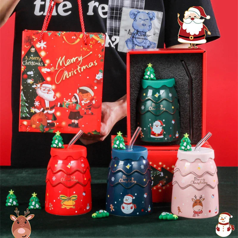 Axyaa Christmas Tree Ceramic Mug Set - Santa Claus Coffee Cup with Lid, Straw