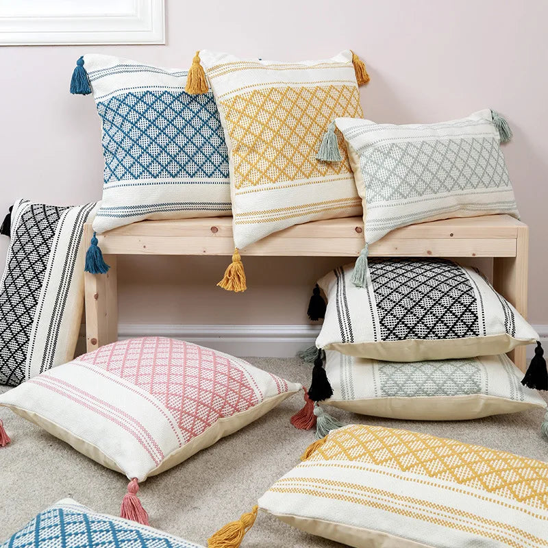 Axyaa Boho Diamond Jacquard Cushion Cover with Tassels for Home Decor