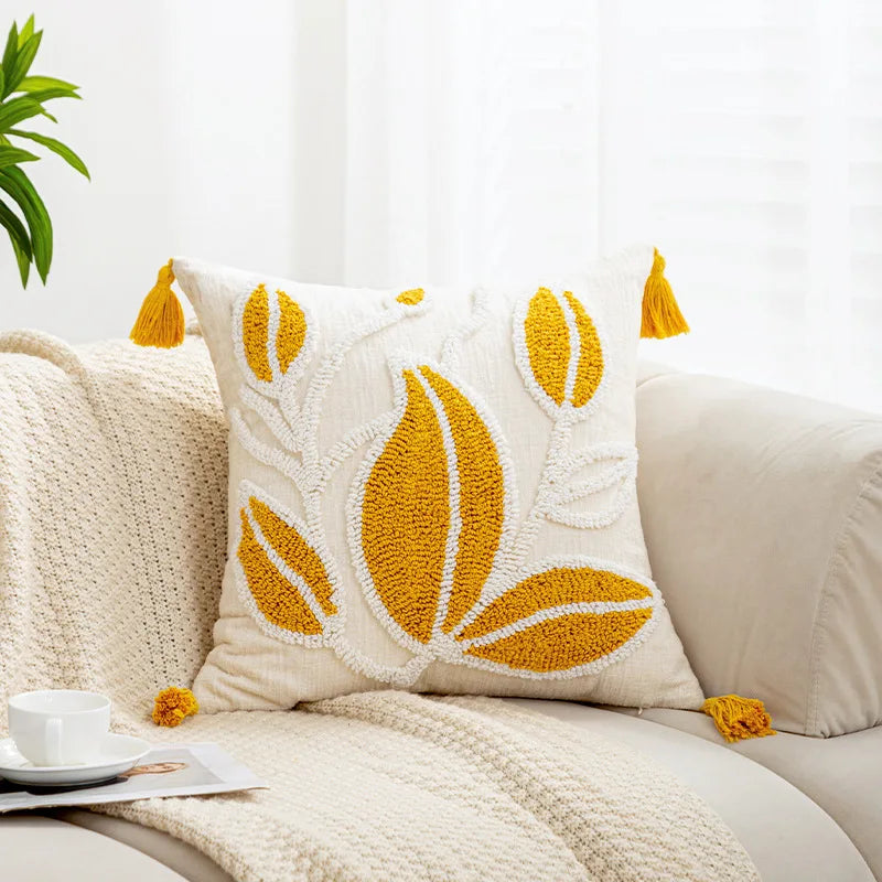 Axyaa Tufted Tulip Plant Leaves Chenille Tassel Cushion Cover for Home Decoration