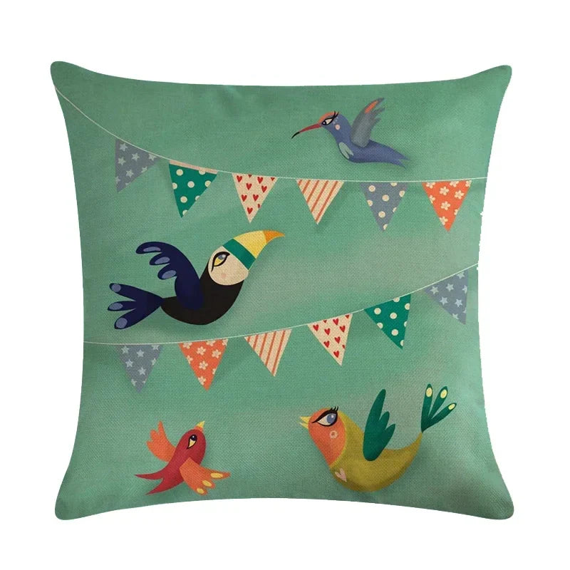 Blue Flower Bird Branch Pattern Cushion Set by Axyaa - Square Pillowcase Home Decoration