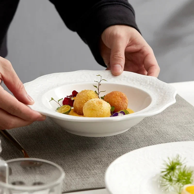 Axya White Embossed Plate Set for Elegant Dining and Desserts